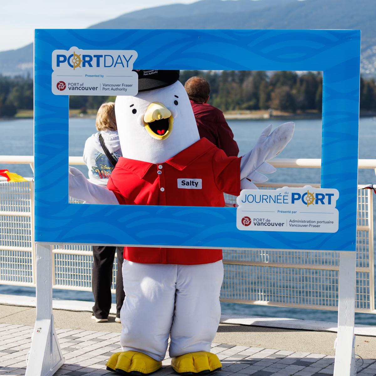 Salty the mascot stops for a quick photo at Port Day